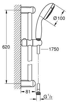 GROHE NEW TEMPESTA 100 sprchová súprava 3-dielna, ručná sprcha pr. 100 mm, 3 prúdy, tyč a hadica, chróm 27794001 Technický nákres