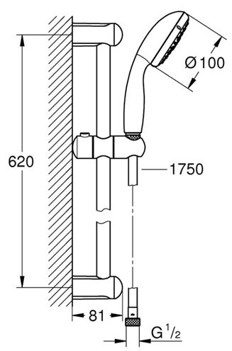 GROHE NEW TEMPESTA 100 sprchová súprava 3-dielna, ručná sprcha pr. 100 mm, 3 prúdy, tyč a hadica, chróm 27794001 Technický nákres