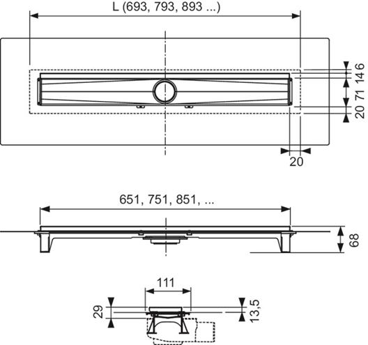 CONCEPT 200 EVO sprchový žľab 800 mm, k stene, bez odtoku, bez roštu, plast/nerez oceľ 606304 Technický nákres