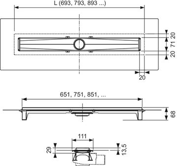 CONCEPT 200 EVO sprchový žľab 1200 mm, do priestoru, bez odtoku, bez roštu, plast/nerez oceľ 606309 Technický nákres