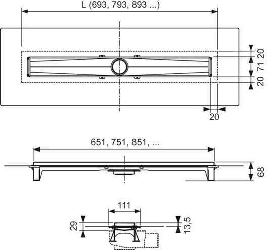 CONCEPT 200 EVO sprchový žľab 1200 mm, do priestoru, bez odtoku, bez roštu, plast/nerez oceľ 606309 Technický nákres