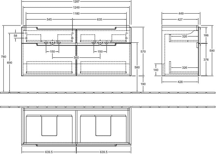 VILLEROY & BOCH SUBWAY 2.0 skrinka pod dvojumývadlo 128,7x44,9x59 cm, 4 zásuvky, Glossy White A91710DH Technický nákres