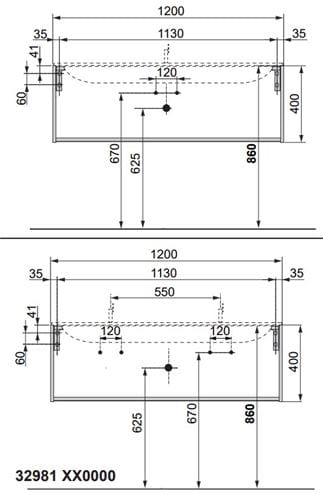 KEUCO PLAN skrinka pod dvojumývadlo 120x40x49 cm, 1 zásuvka, biela 32981300000 Technický nákres
