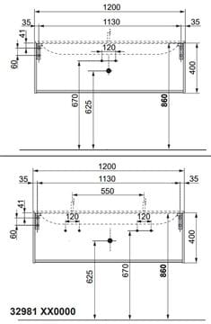 KEUCO PLAN skrinka pod dvojumývadlo 120x40x49 cm, 1 zásuvka, biela 32981300000 Technický nákres
