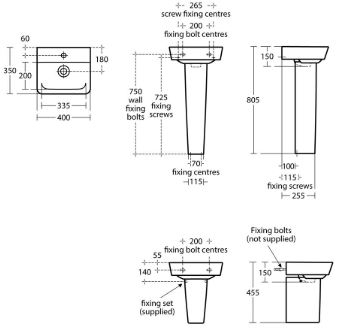 CONCEPT CUBE 2.0 umývadlo 40 cm, s otvorom pre batériu a prepadom E076901 Technický nákres