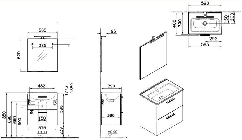 EASY PLUS skrinka s umývadlom 59x39x61 cm, 2 zásuvky, so zrkadlom as osvetlením, biela 75021 Technický nákres