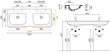 CONCEPT S dvojumývadlo 125 cm, s prepadom, Cataglaze 0721270001 Technický nákres