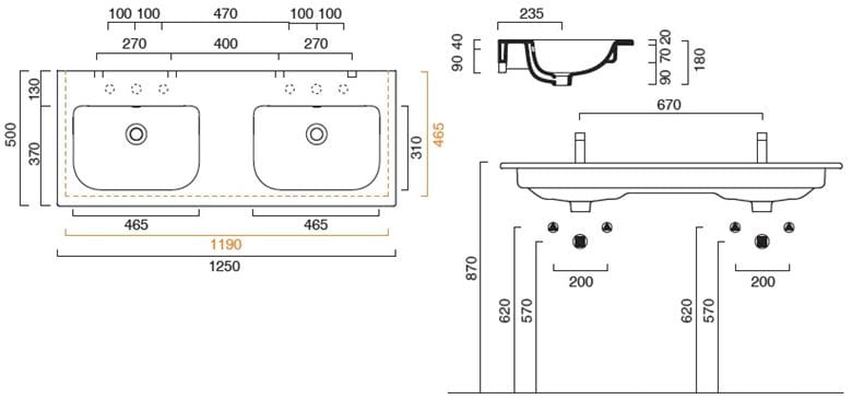 CONCEPT S dvojumývadlo 125 cm, s prepadom, Cataglaze 0721270001 Technický nákres