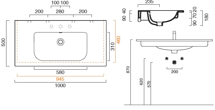 CONCEPT S umývadlo 100 cm, bez otvoru pre batériu, s prepadom, Cataglaze 0721010001 Technický nákres