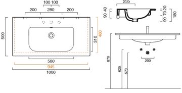 CONCEPT S umývadlo 100 cm, bez otvoru pre batériu, s prepadom, Cataglaze 0721010001 Technický nákres