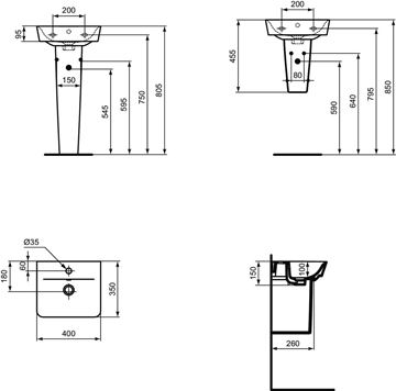IDEAL STANDARD CONNECT AIR CUBE umývadielko 40 cm, s otvorom pre batériu a prepadom E030701 Technický nákres