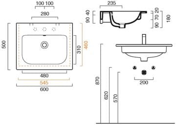 CONCEPT S umývadlo 60 cm, bez otvoru pre batériu, s prepadom, Cataglaze 0720610001 Technický nákres