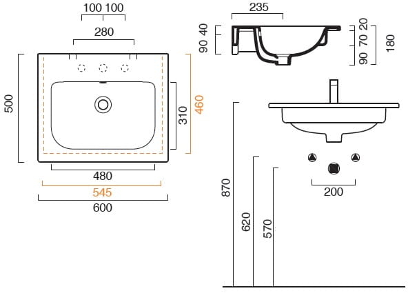 CONCEPT S umývadlo 60 cm, bez otvoru pre batériu, s prepadom, Cataglaze 0720610001 Technický nákres