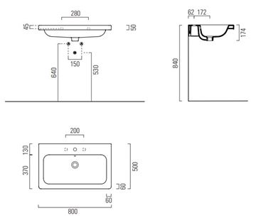 CONCEPT 200 umývadlo 80 cm, s otvorom pre batériu a prepadom 80CO200EXCB Technický nákres