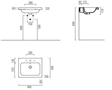 CONCEPT 200 umývadlo 60 cm, s otvorom pre batériu a prepadom 60CO200EXCB Technický nákres