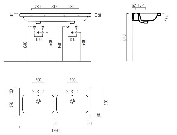 CONCEPT 200 dvojumývadlo 125 cm, bez otvorov pre batérie, s prepadom, concept clean PLUS 125CO200EXCBOH Technický nákres
