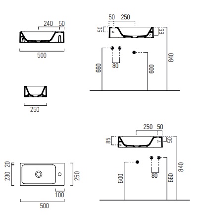 CONCEPT 200 umývadlo 50 cm, s otvorom pre batériu a prepadom 5025CO200EXCB Technický nákres
