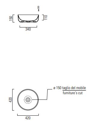 CONCEPT 200 umývadlo 42 cm, bez prepadu 42ACO200EXCB Technický nákres