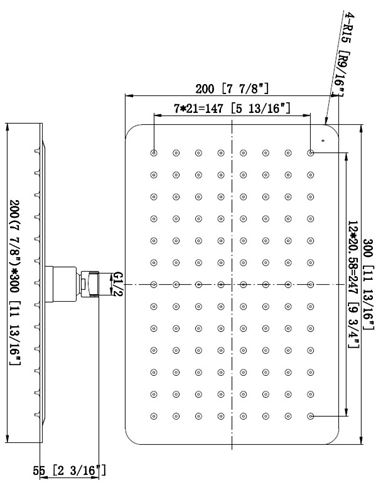 EASY PLUS horná sprcha 200x300 mm, nerez JA174 Technický nákres