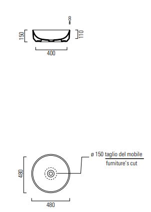 CONCEPT 200 umývadlo 48 cm, bez prepadu 48ACO200EXCB Technický nákres