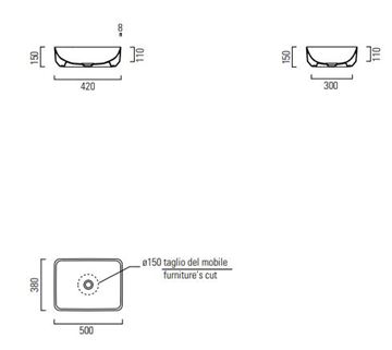 CONCEPT 200 umývadlo na dosku 50 cm, bez otvoru pre batériu, bez prepadu 50ACO200EXCB Technický nákres