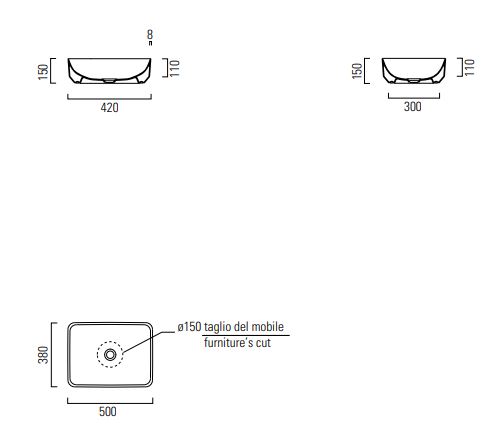 CONCEPT 200 umývadlo na dosku 50 cm, bez otvoru pre batériu, bez prepadu 50ACO200EXCB Technický nákres