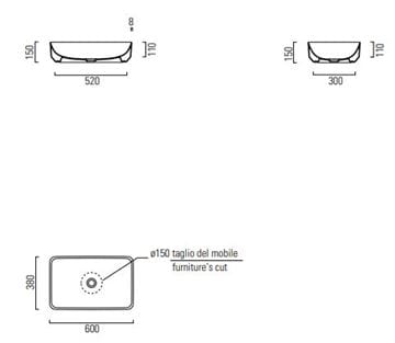 CONCEPT 200 umývadlo 60 cm, bez otvoru pre batériu, bez prepadu 60ACO200EXCB Technický nákres