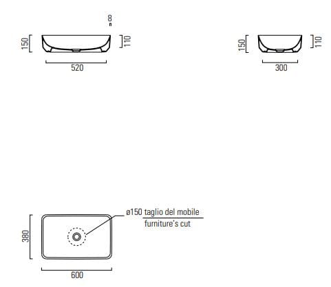 CONCEPT 200 umývadlo 60 cm, bez otvoru pre batériu, bez prepadu 60ACO200EXCB Technický nákres