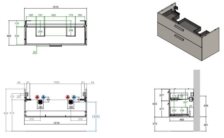 CONCEPT 200/300 skrinka pod dvojumývadlo 121,5x48,4x55 cm, 2 zásuvky, prírodný dub WU125CO2001428 Technický nákres