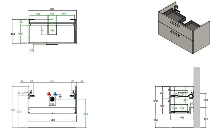 CONCEPT 200/300 skrinka pod umývadlo 96,5x48,4x55 cm, 2 zásuvky, lesklá biela WU100CO2001100 Technický nákres