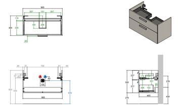 CONCEPT 200/300 skrinka pod umývadlo 96,5x48,4x55 cm, 2 zásuvky, lesklá biela WU100CO2001100 Technický nákres