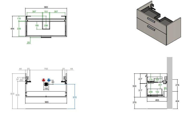 CONCEPT 200/300 skrinka pod umývadlo 96,5x48,4x55 cm, 2 zásuvky, prírodný dub WU100CO2001428 Technický nákres