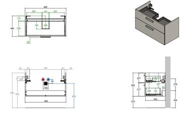 CONCEPT 200/300 skrinka pod umývadlo 96,5x48,4x55 cm, 2 zásuvky, prírodný dub WU100CO2001428 Technický nákres