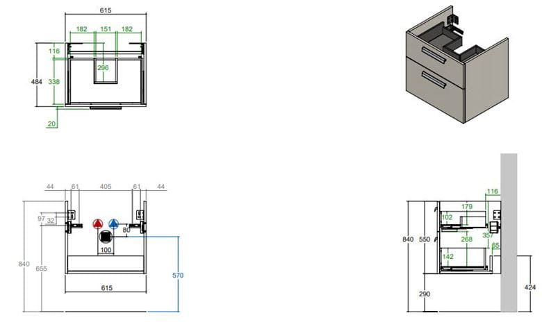 CONCEPT 200 skrinka pod umývadlo 61,5x48,4x55 cm, 2 zásuvky, prírodný dub WU65CO2001428 Technický nákres