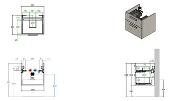 CONCEPT 200/300 skrinka pod umývadlo 56,5x48,4x55 cm, 2 zásuvky, lesklá biela WU60CO2001100 Technický nákres