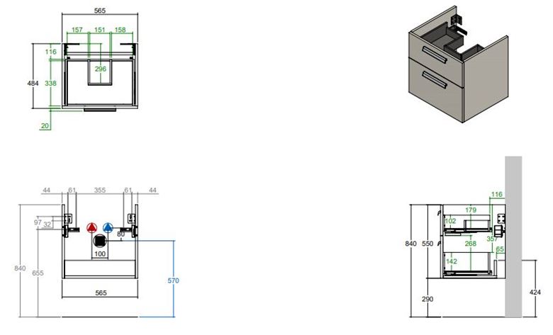 CONCEPT 200/300 skrinka pod umývadlo 56,5x48,4x55 cm, 2 zásuvky, prírodný dub WU60CO2001428 Technický nákres