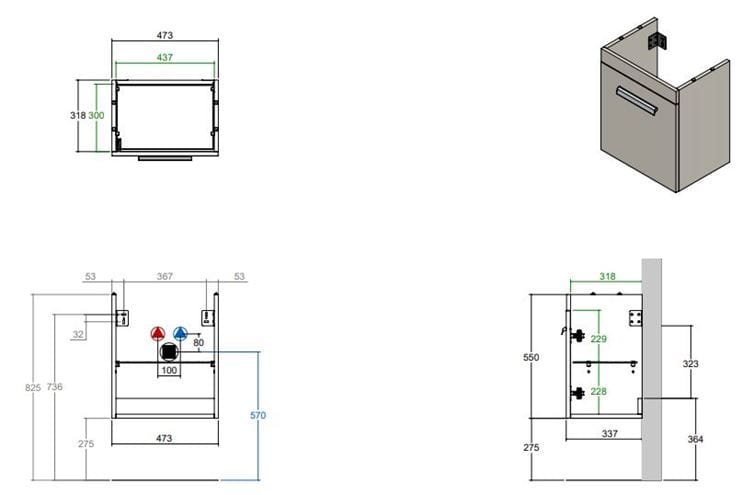 CONCEPT 200 skrinka pod umývadlo 47,3x33,7x55 cm, 1 dvierka, pánty vľavo, lesklá biela WU50CO200S1100 Technický nákres