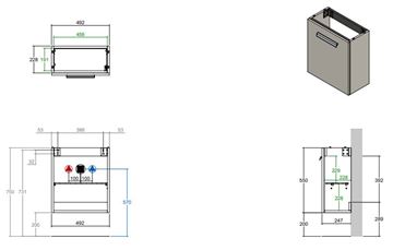 CONCEPT 200 skrinka pod umývadlo 49,2x24,7x55 cm, 1 dvierka, pánty vpravo, lesklá biela WU525CO200D1100 Technický nákres