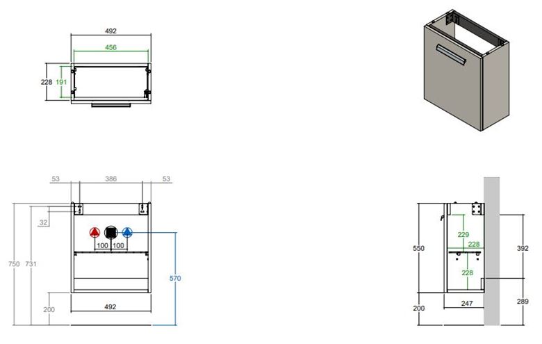 CONCEPT 200 skrinka pod umývadlo 49,2x24,7x55 cm, 1 dvierka, pánty vpravo, lesklá biela WU525CO200D1100 Technický nákres