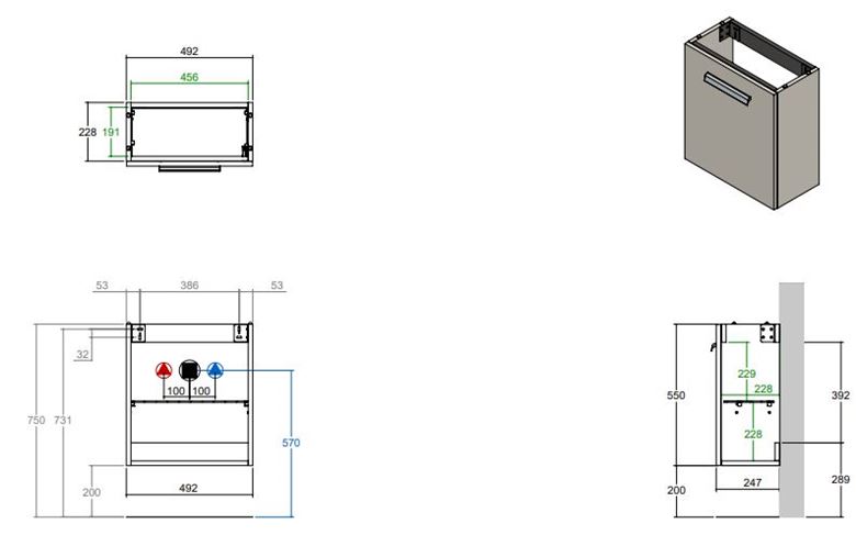 CONCEPT 200 skrinka pod umývadlo 49,2x24,7x55 cm, 1 dvierka, pánty vpravo, prírodný dub WU525CO200D1428 Technický nákres