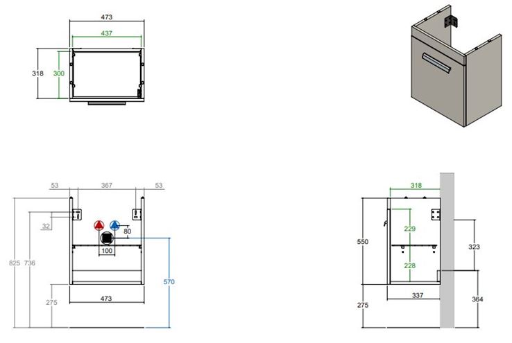 CONCEPT 200 skrinka pod umývadlo 47,3x33,7x55 cm, 1 dvierka, pánty vpravo, lesklá biela WU50CO200D1100 Technický nákres
