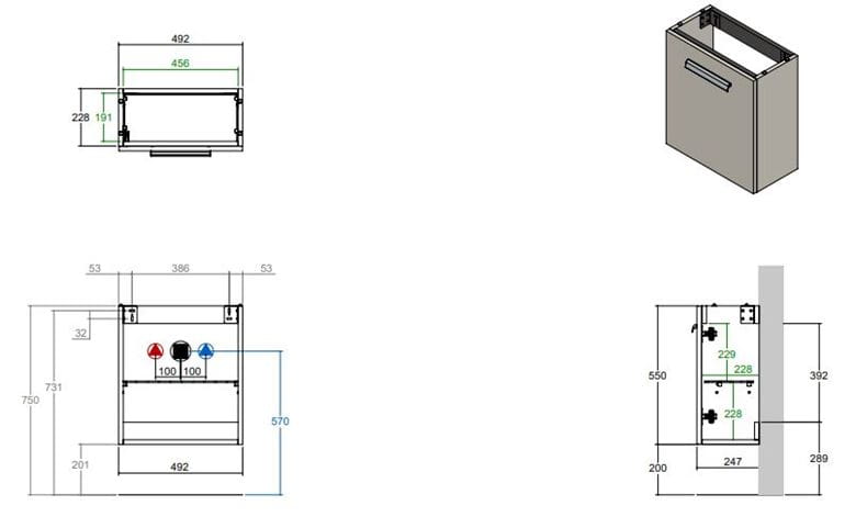 CONCEPT 200 skrinka pod umývadlo 49,2x24,7x55 cm, 1 dvierka, pánty vľavo, lesklá biela WU525CO200S1100 Technický nákres