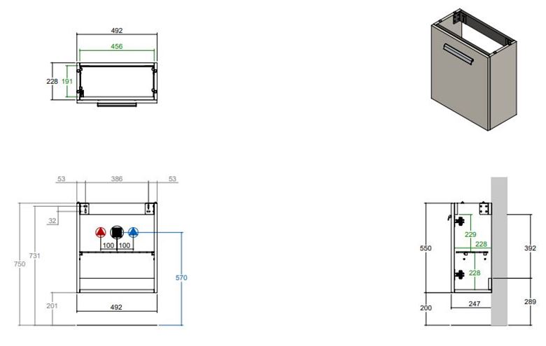 CONCEPT 200 skrinka pod umývadlo 49,2x24,7x55 cm, 1 dvierka, pánty vľavo, prírodný dub WU525CO200S1428 Technický nákres