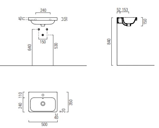 CONCEPT 200 umývadlo 50 cm, bez otvoru pre batériu, s prepadom, concept-clean PLUS 50CO200EXCBOH Technický nákres