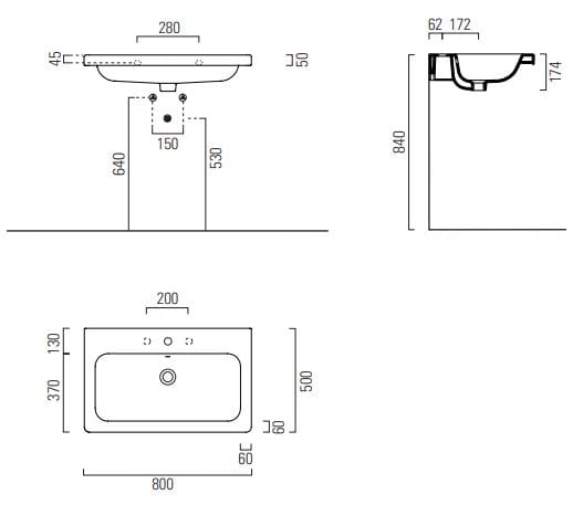 CONCEPT 200 umývadlo 80 cm, bez otvoru pre batériu, s prepadom, concept clean PLUS 80CO200EXCBOH Technický nákres