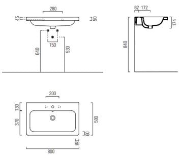 CONCEPT 200 umývadlo 80 cm, bez otvoru pre batériu, s prepadom, concept clean PLUS 80CO200EXCBOH Technický nákres