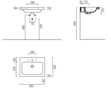 CONCEPT 200 umývadlo 65 cm, bez otvoru pre batériu, s prepadom, concept clean PLUS 65CO200EXCBOH Technický nákres