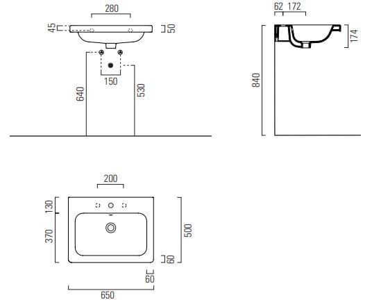 CONCEPT 200 umývadlo 65 cm, bez otvoru pre batériu, s prepadom, concept clean PLUS 65CO200EXCBOH Technický nákres