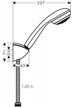 HANSGROHE CROMETTA 85 MONO 1JET sprchová súprava 3-dielna, ručná sprcha pr. 85 mm, hadica, držiak, chróm 27577000 Technický nákres
