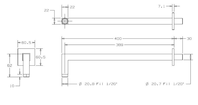 CONCEPT 200 BLACK sprchové rameno 400 mm, nástenné, matná čierna PM10011/MB Technický nákres